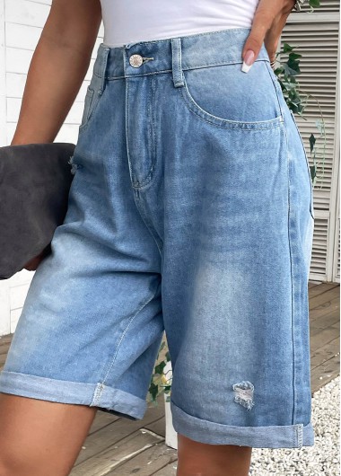 Modlily Denim Blue Pocket Button Fly High Waisted Shorts - M