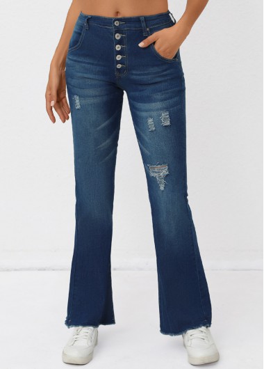 Modlily Denim Blue Pocket Flare Leg Button Fly Jeans - S