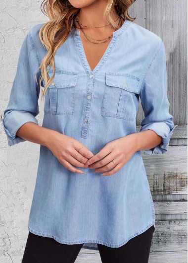 Modlily Denim Blue Pocket Long Sleeve Split Neck Blouse - S