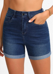 Modlily Denim Blue Pocket Regular Button Fly High Waisted Shorts - 2XL