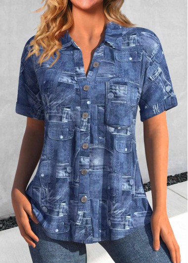 Modlily Denim Blue Pocket Short Sleeve Shirt Collar Blouse - S