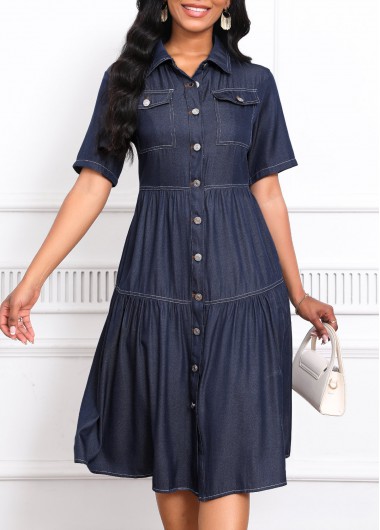 Modlily Denim Blue Pocket Short Sleeve Turn Down Collar Dress - M