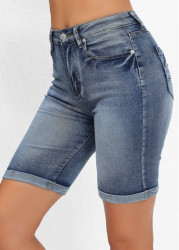 Modlily Denim Blue Pocket Skinny Button Fly High Waisted Shorts - M