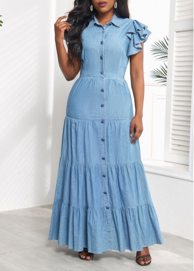 Modlily Denim Blue Ruffle Short Sleeve Maxi Dress - M