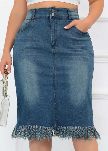 Modlily Denim Blue Split Plus Size Button Fly Bodycon Skirt - XL