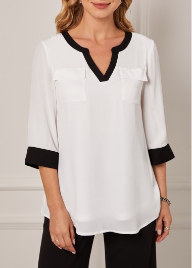 Modlily Double Pocket Split Neck White Blouse - S