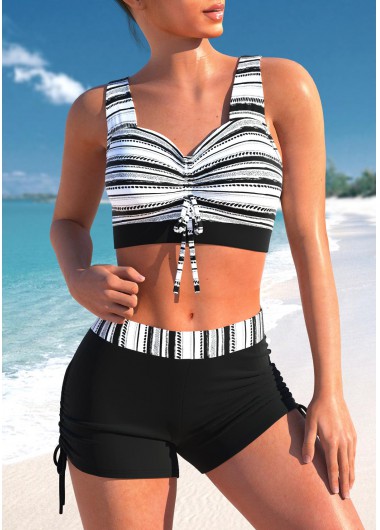 Modlily Double Straps Drawstring Striped Black Bikini Set - S