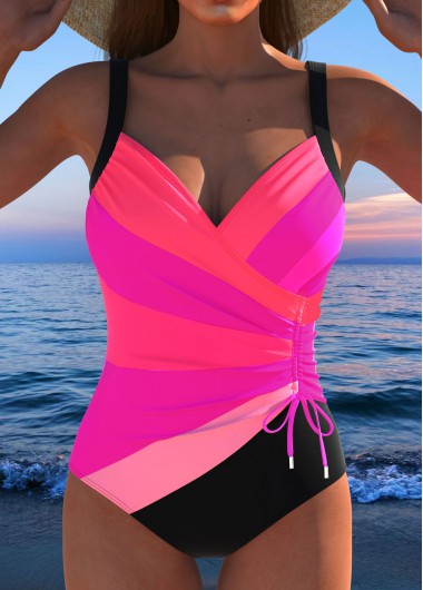 Modlily Drawstring Multi Stripe Print Hot Pink One Piece Swimwear - S