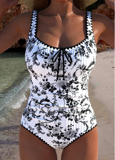 Modlily Drawstring Random Floral Print Black One Piece Swimwear - S