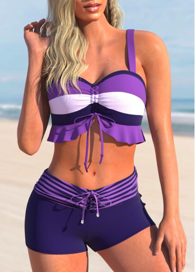 Modlily Drawstring Striped Purple Ruffle Bikini Set - S