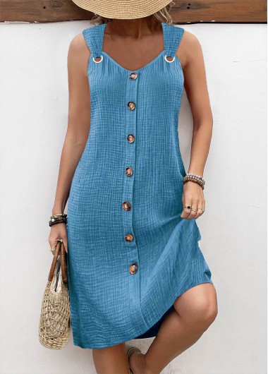 Modlily Dusty Blue Breathable A Line Sleeveless V Neck Dress - S