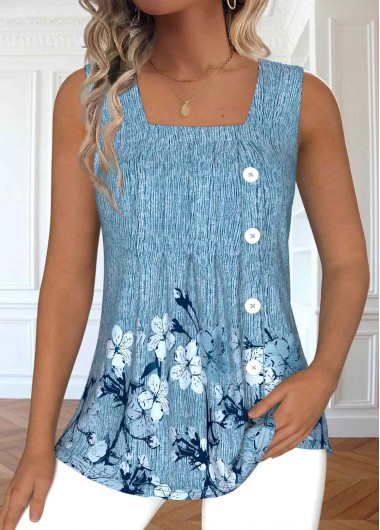 Modlily Dusty Blue Button Floral Print Sleeveless Tank Top - S