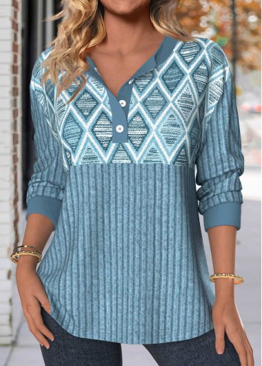 Modlily Dusty Blue Button Geometric Print Long Sleeve Sweatshirt - S