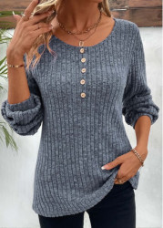 Modlily Dusty Blue Button Long Sleeve Round Neck T Shirt - S