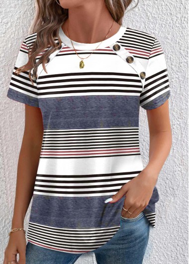 Modlily Dusty Blue Button Plus Size Striped T Shirt - 1X