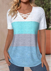 Modlily Dusty Blue Criss Cross Striped Short Sleeve T Shirt - M