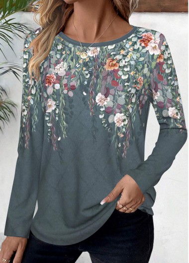 Modlily Dusty Blue Floral Print Long Sleeve T Shirt - S