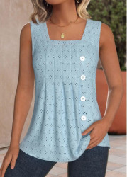 Modlily Dusty Blue Jacquard Sleeveless Square Neck Tank Top - S