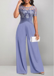 Modlily Dusty Blue Lace Long Short Sleeve Jumpsuit - XXL