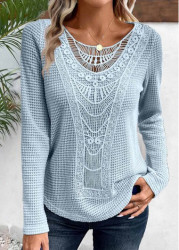 Modlily Dusty Blue Lace Long Sleeve Round Neck T Shirt - M