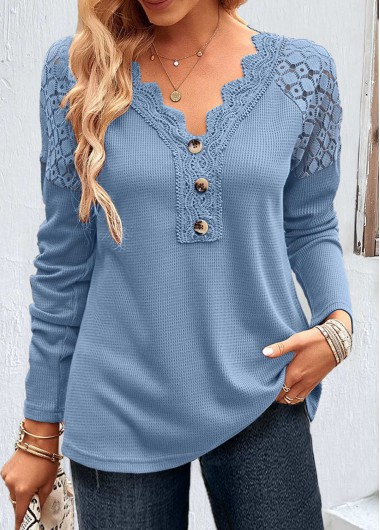 Modlily Dusty Blue Lace Long Sleeve T Shirt - M