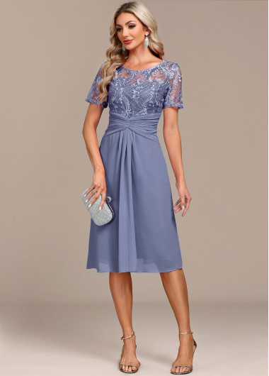 Modlily Dusty Blue Lace Patchwork Short Sleeve Dress - XL