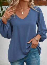 Modlily Dusty Blue Long Sleeve V Neck Blouse - M