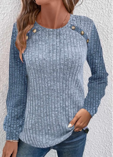 Modlily Dusty Blue Patchwork Long Sleeve Round Neck Sweatshirt - M