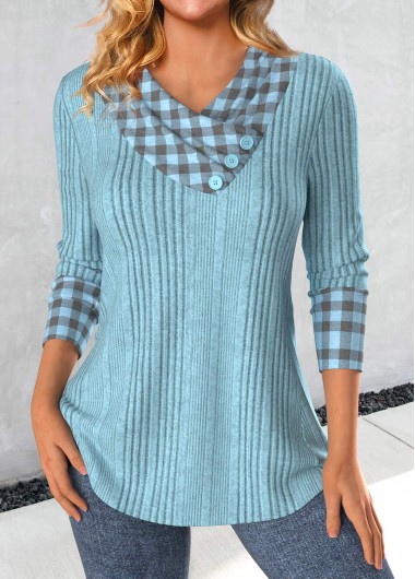 Modlily Dusty Blue Patchwork Plaid Long Sleeve Sweatshirt - S