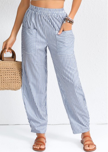 Modlily Dusty Blue Patchwork Striped Elastic Waist High Waisted Pants - S