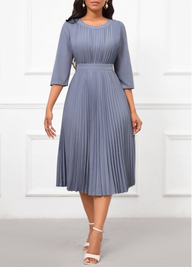 Modlily Dusty Blue Pleated Three Quarter Length Sleeve Dress - XXL