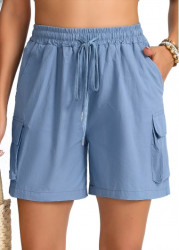 Modlily Dusty Blue Pocket Elastic Waist High Waisted Shorts - S