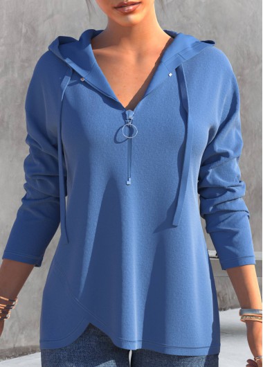 Modlily Dusty Blue Quarter Zip Drawstring Long Sleeve Hoodie - S