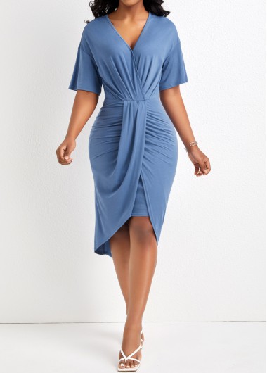 Modlily Dusty Blue Ruched High Low Bodycon Dress - S