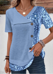 Modlily Dusty Blue Sequin Asymmetrical Neck Blouse - S