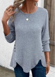 Modlily Dusty Blue Split Long Sleeve Round Neck T Shirt - S