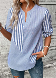 Modlily Dusty Blue Split Striped 3/4 Sleeve Blouse - S