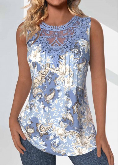 Modlily Dusty Blue Tuck Stitch Paisley Print Sleeveless Tank Top - S