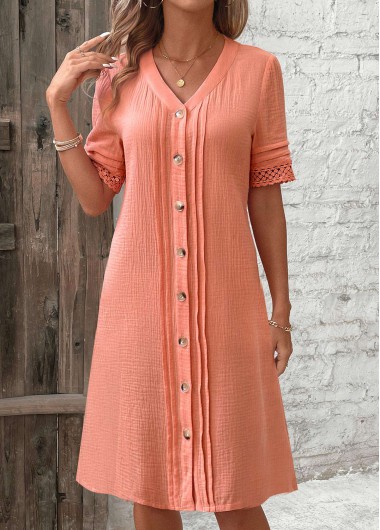 Modlily Dusty Pink Button A Line Short Sleeve Dress - S