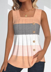 Modlily Dusty Pink Button Striped Sleeveless Square Neck Tank Top - S