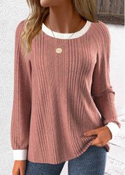 Modlily Dusty Pink Patchwork Long Sleeve Round Neck Sweatshirt - M