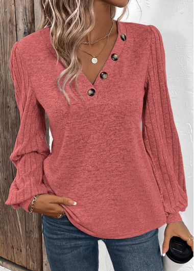 Modlily Dusty Pink Patchwork Long Sleeve V Neck Sweatshirt - S