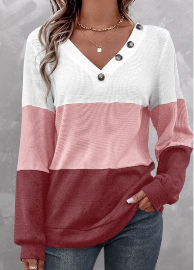 Modlily Dusty Pink Patchwork Long Sleeve V Neck Sweatshirt - XXL