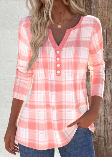 Modlily Dusty Pink Tuck Stitch Plaid Long Sleeve T Shirt - S