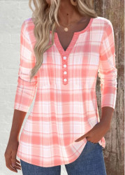 Modlily Dusty Pink Tuck Stitch Plaid Long Sleeve T Shirt - S