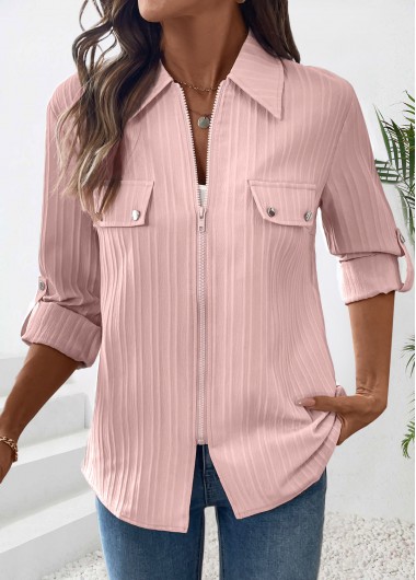 Modlily Dusty Pink Zipper Long Sleeve Shirt - S