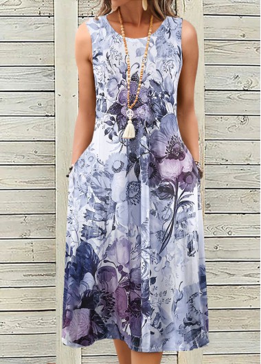 Modlily Dusty Purple Breathable Floral Print A Line Sleeveless Dress - S