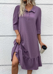 Modlily Dusty Purple Button A Line Belted 3/4 Sleeve Dress - S