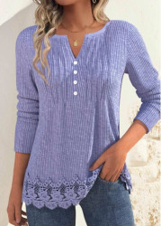 Modlily Dusty Purple Embroidery Long Sleeve Split Neck T Shirt - M