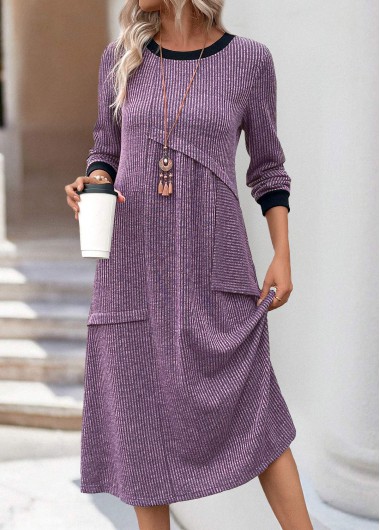 Modlily Dusty Purple Patchwork A Line Long Sleeve Dress - S